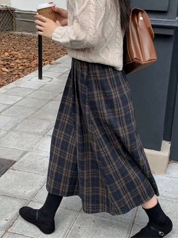 

Юбка-миди трапециевидной формы в клетку с высокой талией, зимняя шерстяная юбка с рюшами, утягивающая юбка f-длины для женщин больших размеров