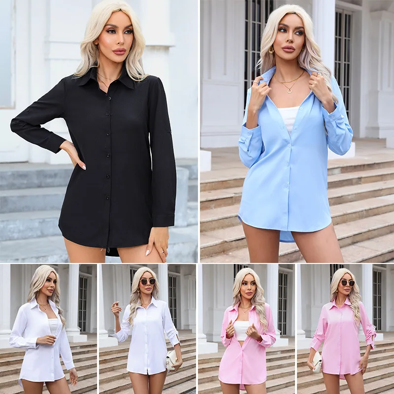 

2024 New Mid-length White Shirt Female Bf Wind Loose Sexy Pajamas Ins Oversized Long-sleeved Striped Button Chiffon Shirt Top