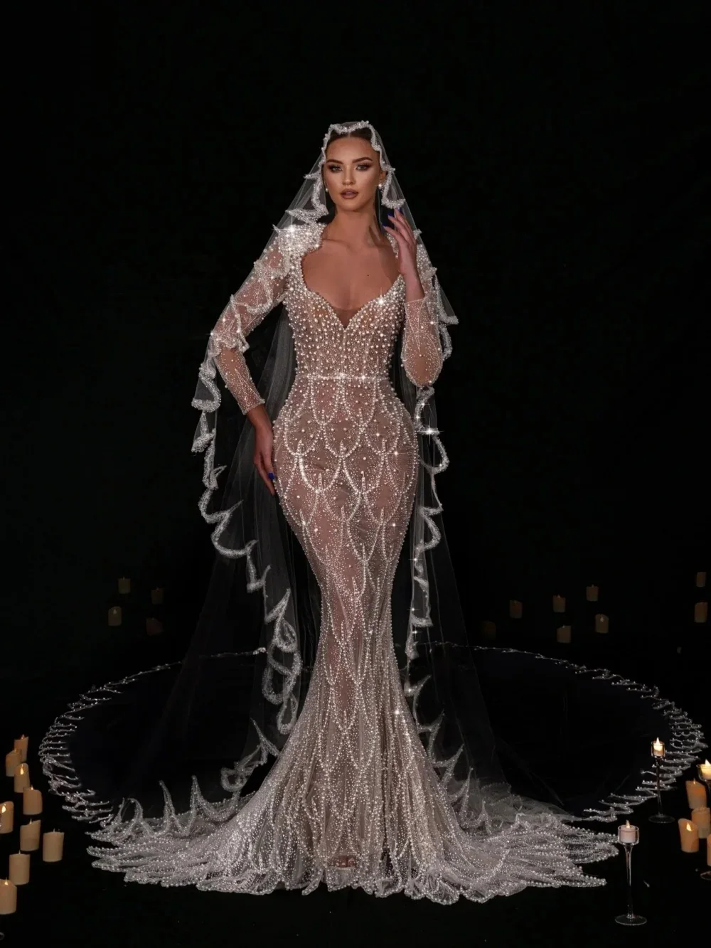 Nowoczesne suknie ślubne z perłami, dekolt okrągły, krój syreny, suknie ślubne z cekinami, zdobione koralikami, iluzoryczne długie rękawy, szyte na miarę Vestidos De Novia