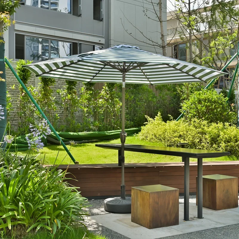 & Striped Outdoor Furniture Umbrella Iron Pole Polyester Sun Rain Shade Center-Pole Parasol for Patio Beach & Commercial Use