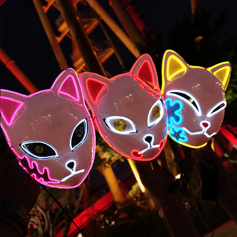 Glowing  Demon Slayer Mask Cosplay Japanese Cartoon Neon Light Samurai Mascara Luminous Led Fox Mask For Halloween Christmas - view 3