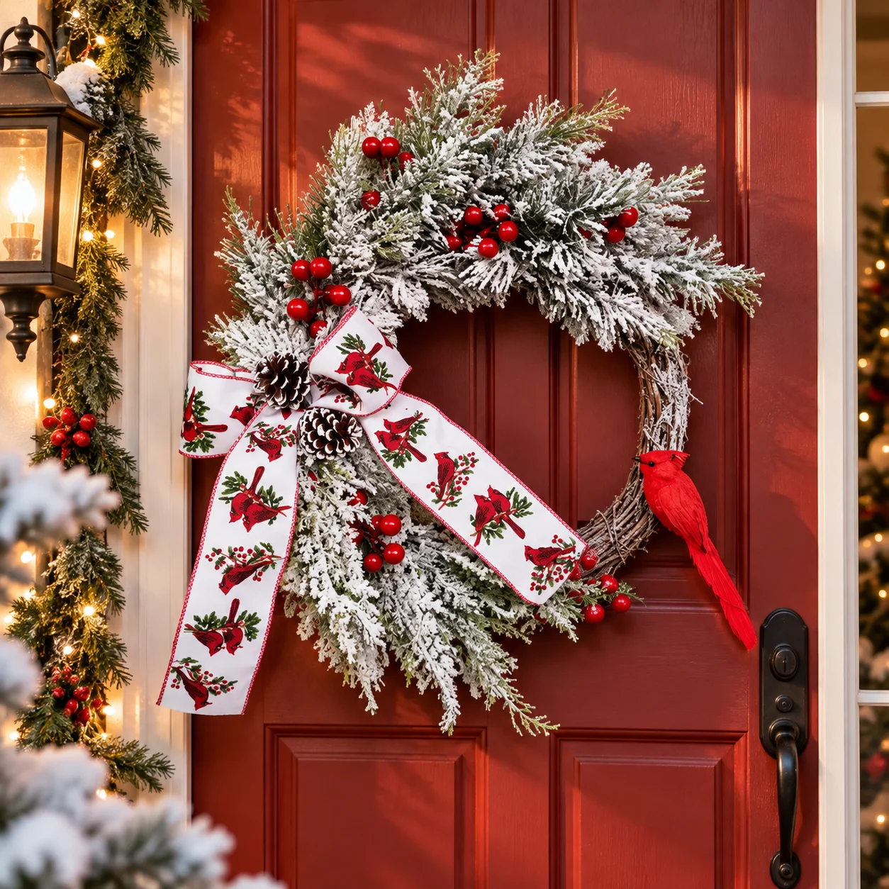 クリスマス用-人工リース-フェイクのフロッキーリース-ドア飾り-赤いベリーと松ぼっくりの装飾-前ドアや窓に飾る-クリスマスパーティー-ホリデーデコレーション