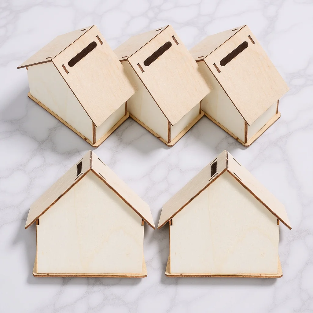 5 قطع من بنك الخنزير الخشبي غير المكتمل للأطفال على شكل منزل قديم، صندوق نقود ديكور للعملات المعدنية لتزيين غرفة الأطفال #6