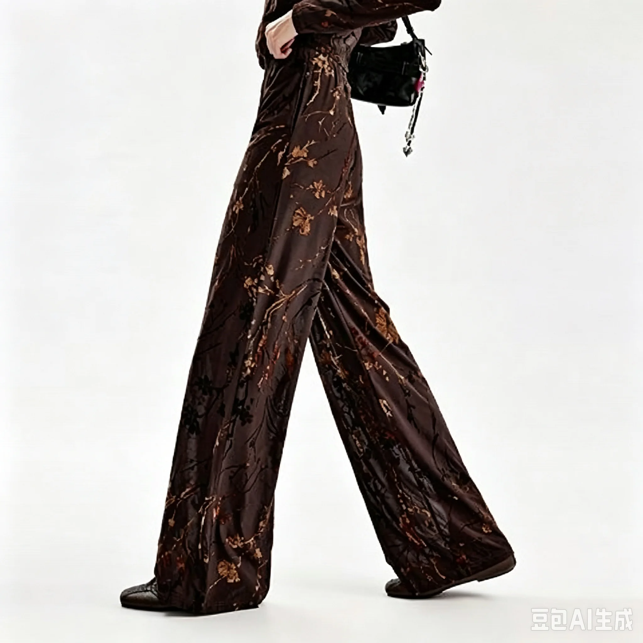 Spanish original single women's casual pants dark low brown plush fabric high waist loose hanging straight leg wide leg pants