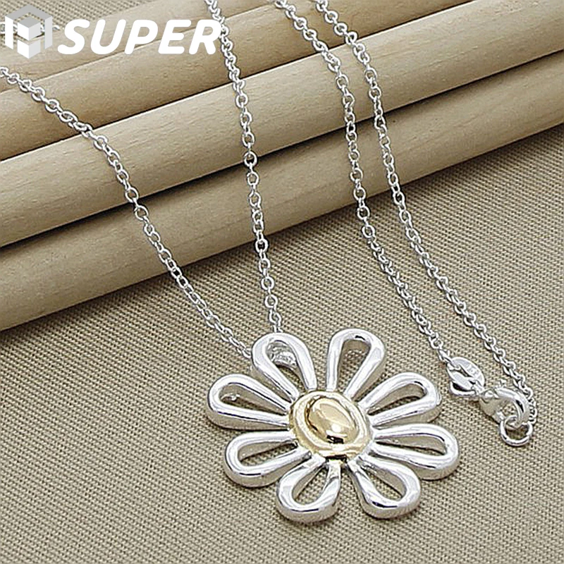 

925 Sterling Silver 18 Inch Chain Flower Pendant Necklace For Women Wedding Engagement Fashion Charm Jewelry