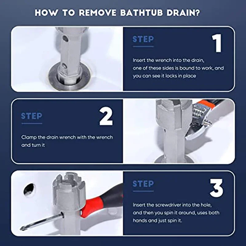 Tub Drain Remover Wrench Tub Drain Wrench Tub Dual Ended Drain Wrench Drain Remover Tool Zinc Alloy Wrench for Bathroom