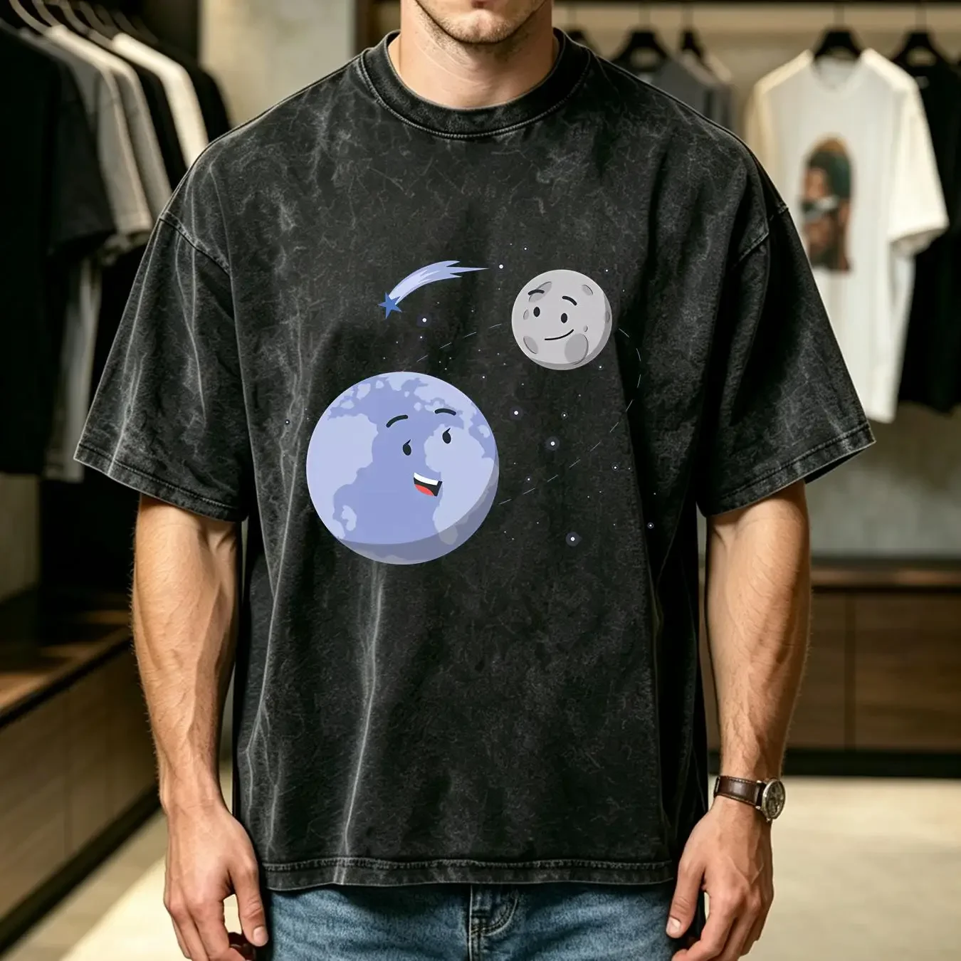 washed T Shirt Moon Circling Earth Planet Astronomy Space vintage Washed Slightly Stylish streetwear graphic Stretched