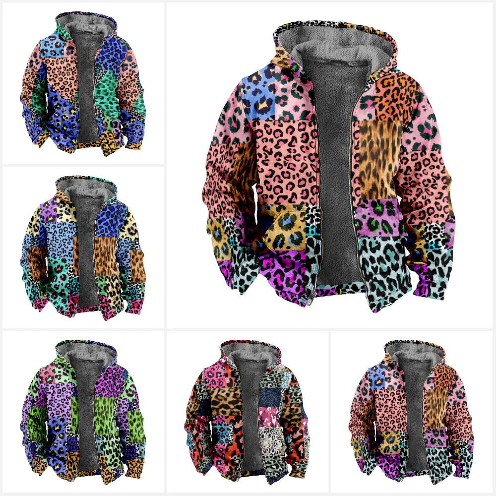 Leopardo padrão velo zíper parka masculino, casaco quente, com zíper hoodies, casacos, jaqueta de inverno, roupas de outono, novo, 2024