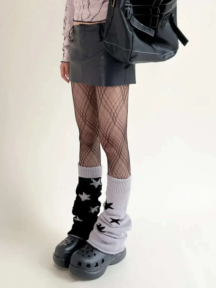 Leg Warmers Japanese Star Print Two-Side Wear Women Leg Warmers Socks JK Boot Cover Lolita Y2k Harajuku Knitted Sock Streetwear
