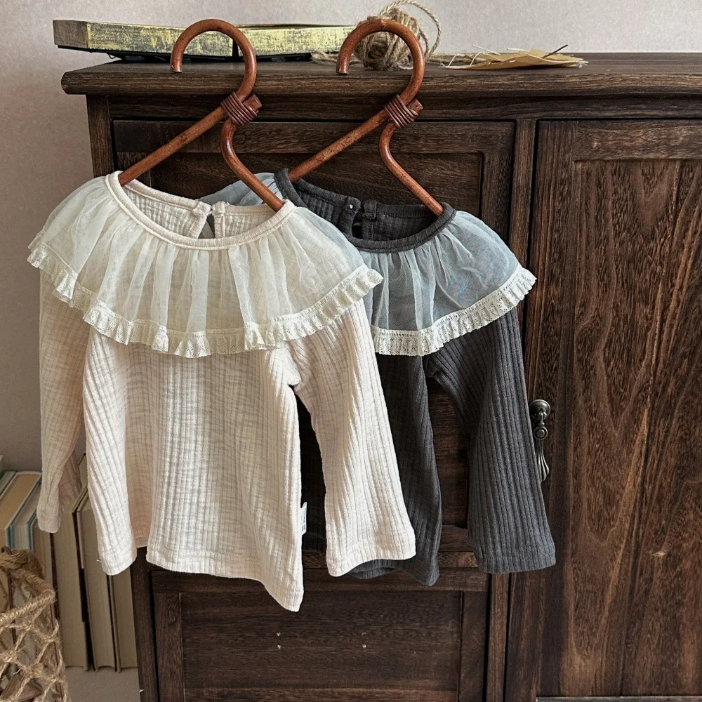 0-3 Y Baby Girls Clothing Toddler Girls Blouse Double Lace Collar Base Tops  Inner Wear Blouses Toddler Daily Undershirts