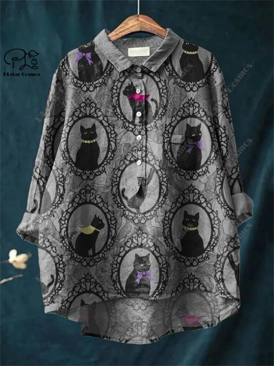 PLstar Cosmos new 3D printed women's loose retro floral cat fun casual printed open tube shirt K-2