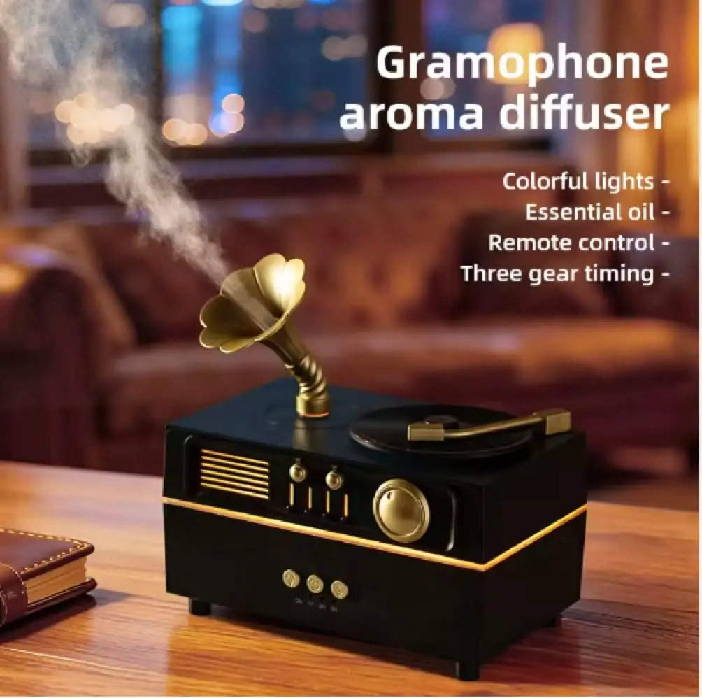5 in 1 Diffuser Humidifier 200 ml, Bluetooth Speaker, 6 LED Light, Timer, Gramaphone & Vinyl Rotation Retro Design