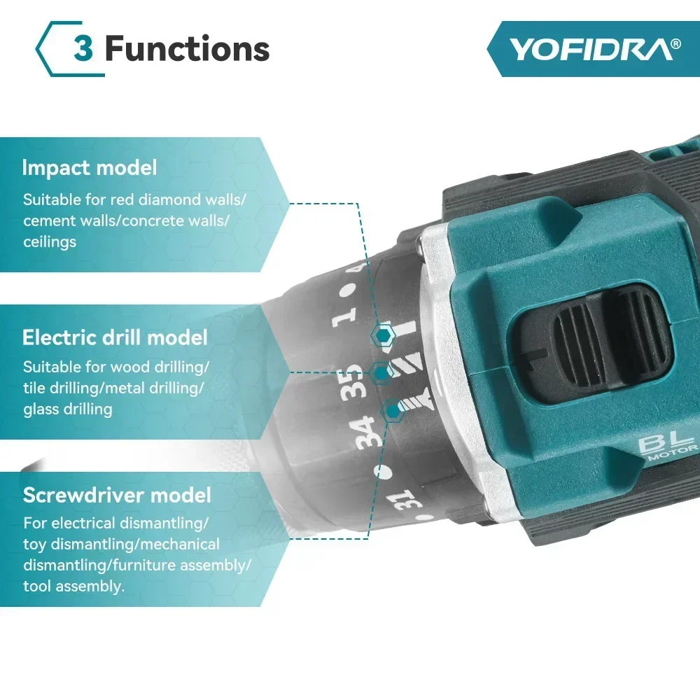 YOFIDRA 13MM 35+3 Drehmoment Bürstenloser Elektrischer Schlagbohrer 3 IN 1 Kabelloser Elektrischer Schraubendreher DIY-Elektrowerkzeug für Makita 21V Akku – Detail 9