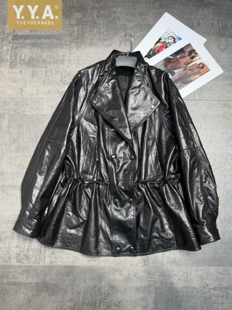 الخريف الشتاء النساء مزدوجة الصدر النفط الشمع جلد الغنم معطف جلد طبيعي عادية فضفاض صالح سترة السيدات ترتيب الأسرة طوق معطف