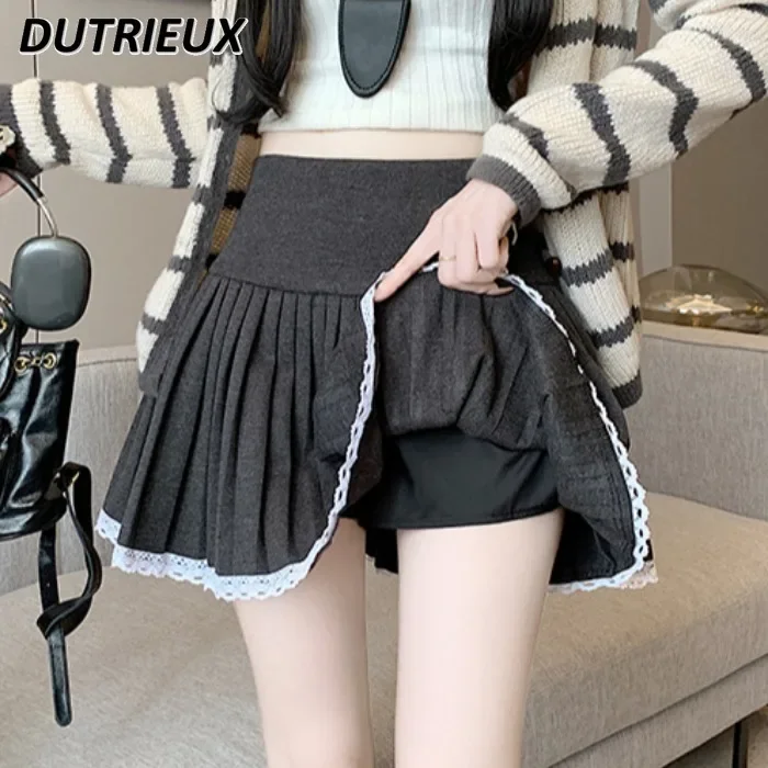 College Style Sweet Cute Girl Lace Edge Casual Pleated Skirt for Lady Wool Contrast Color Women's Short Skirta Autumn Winter