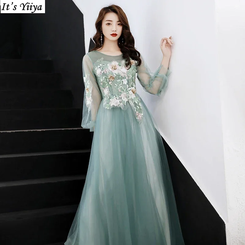 

It's Yiiya Evening Dress Green Floral Applique O-neck 3/4 Sleeves Plus Size robe de soiree A-line Floor-length Party Formal Gown