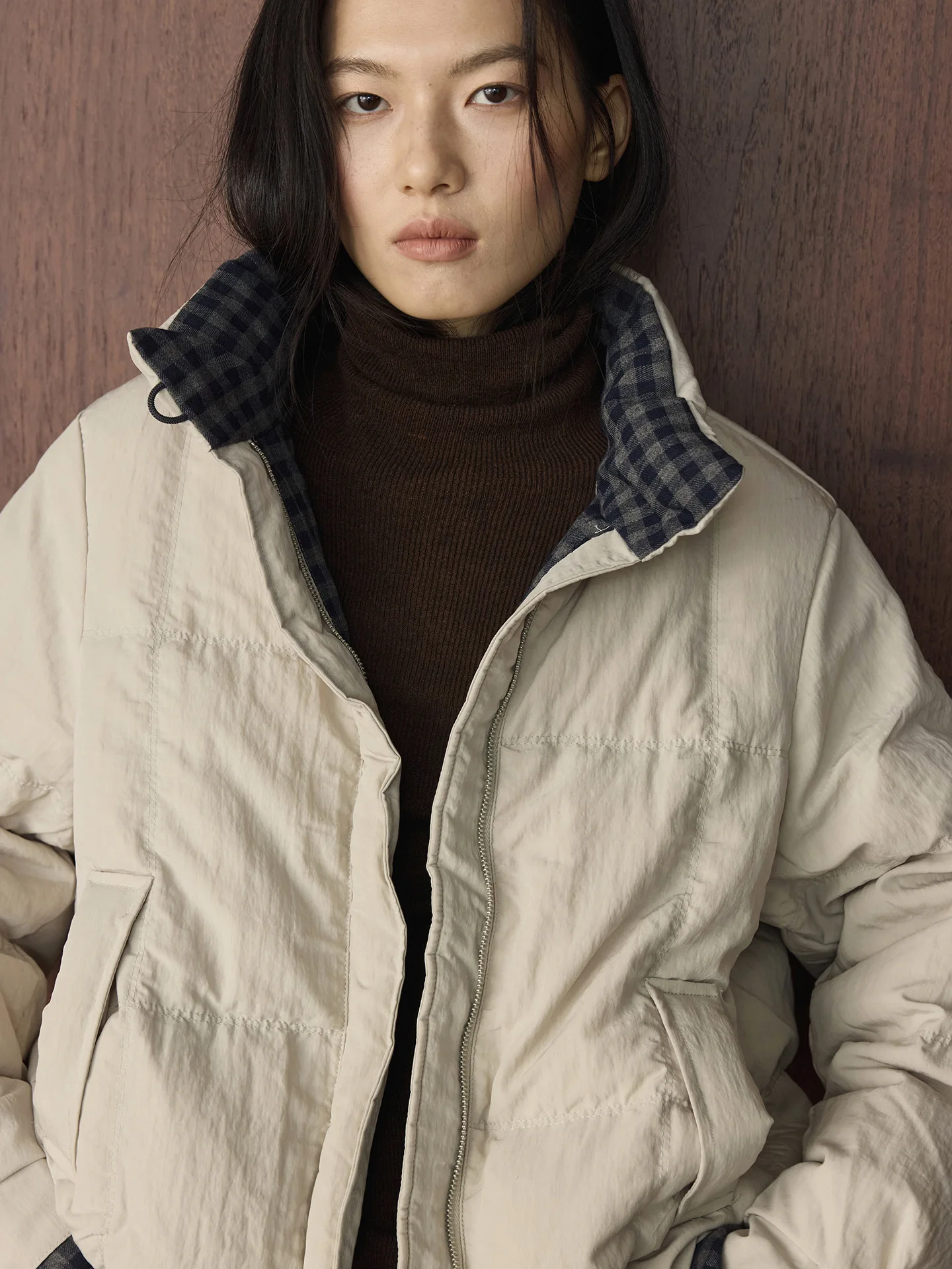 Winter Plaid Color-block Short Down Jacket Warm Coat For Women