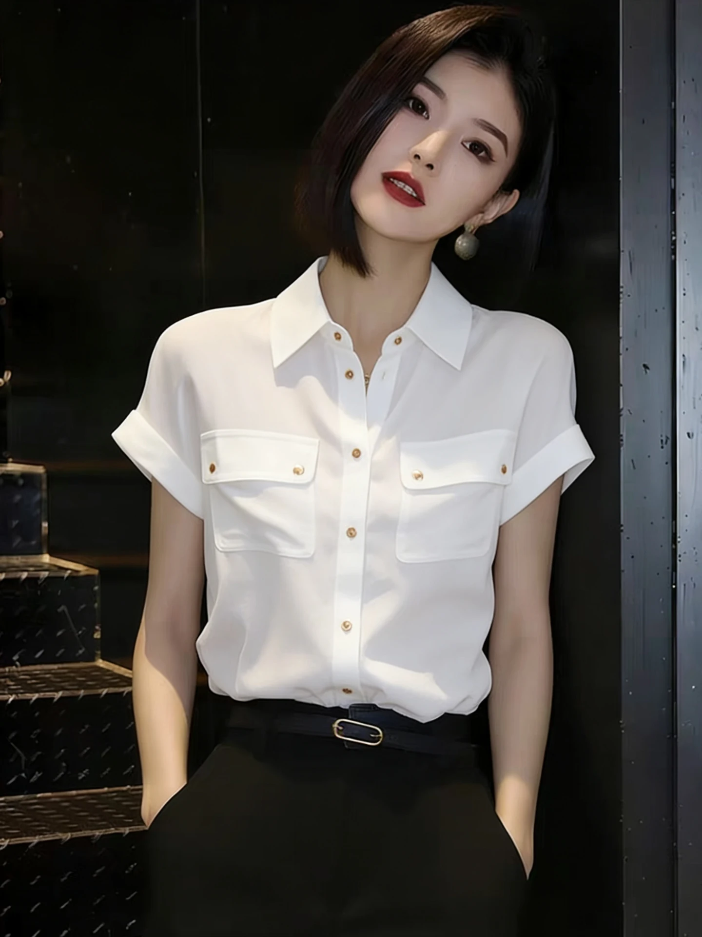 

Ele Pure Color ort Sve Ne irt Women's Single Button Design Versatile Agel Spring Summer Faion Top