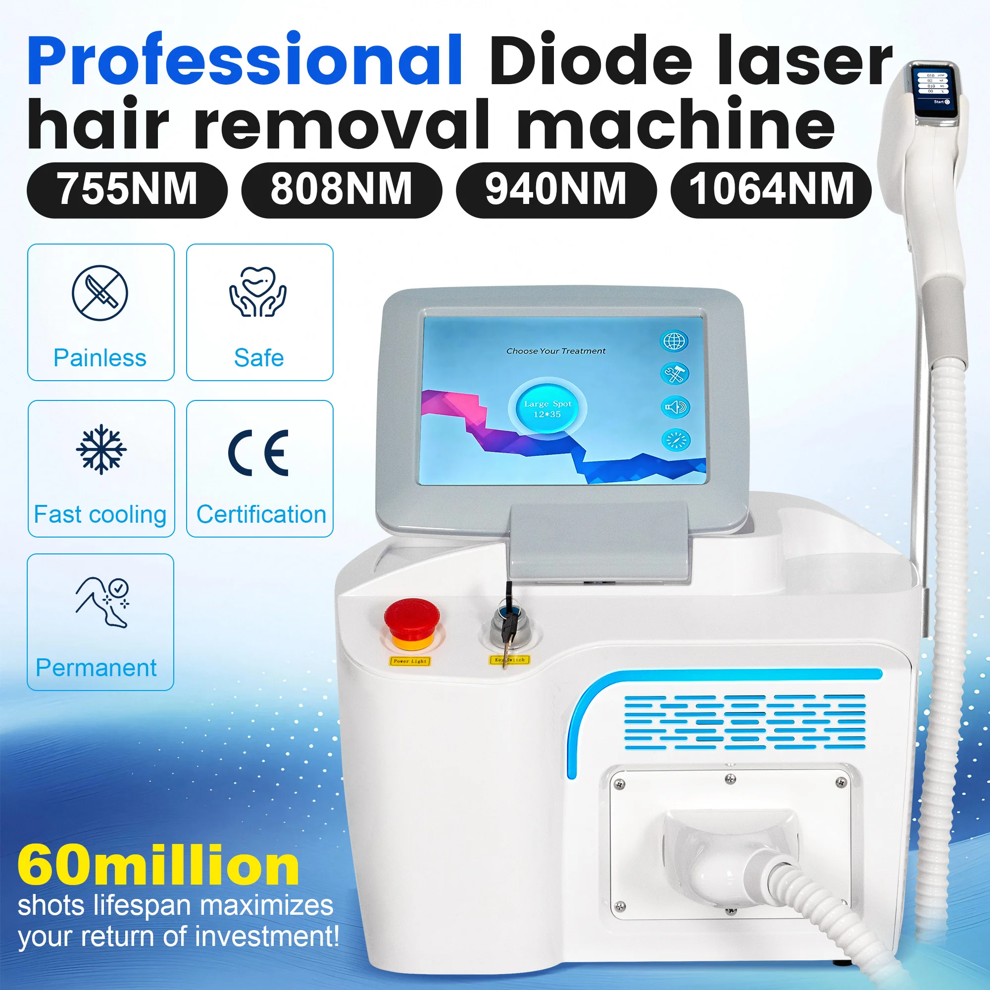 Professional Salon Portable Painless Hair Removal Machine 3Waves 808nm 1064nm 755nm Diode Triple Wavelength for Salon Use