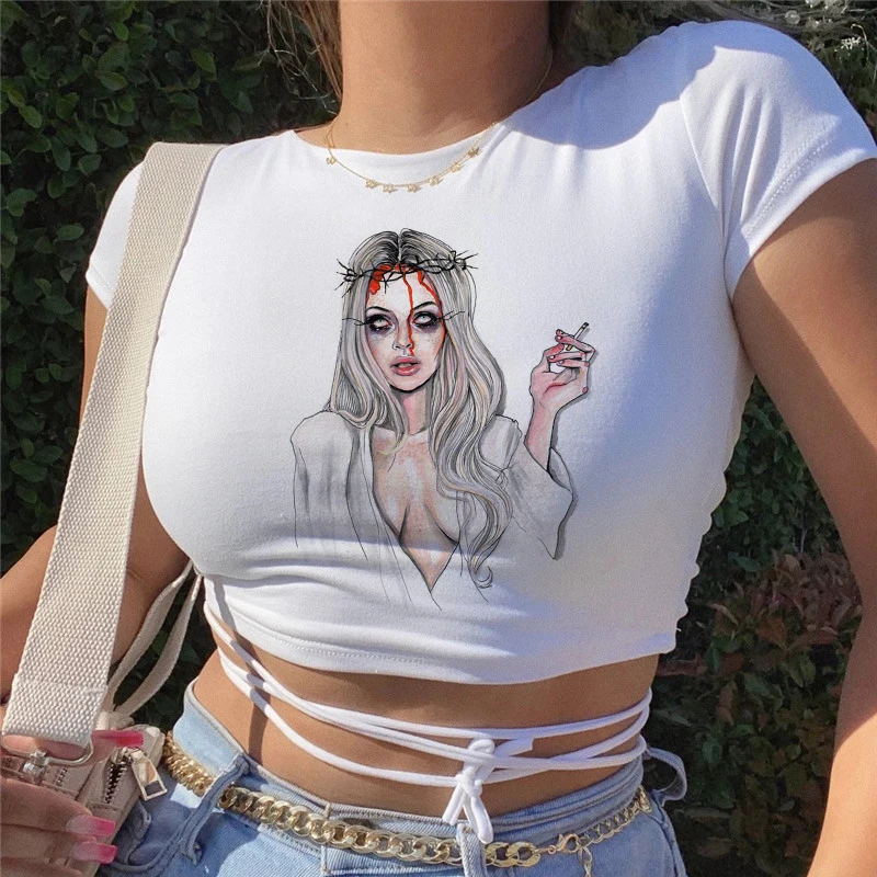 Sexy Satan Demon Streetwear Y2K Women Sweatshirt Summer Harajuku T shirts Fleece Sweatshirt Harajuku Casual Crop Tops Clothes