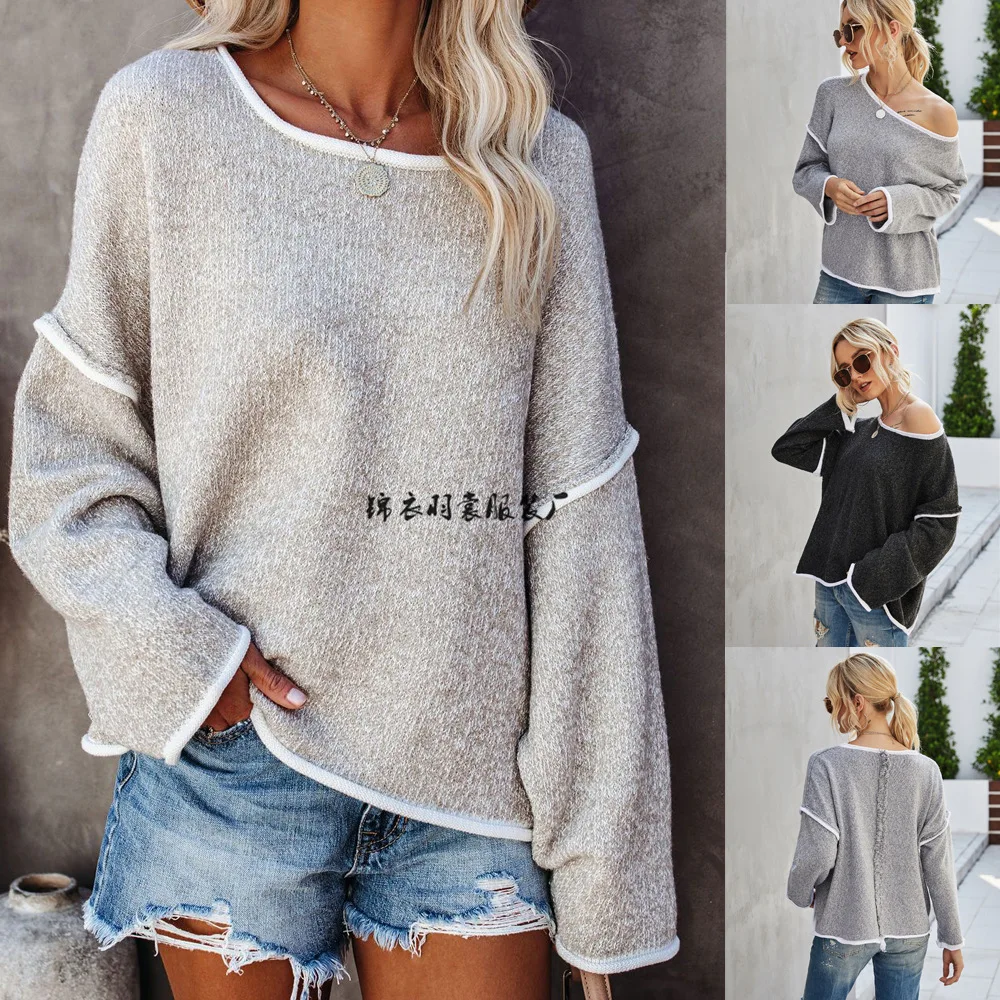 

2025 Women's Sweater Crew Neck Knitted Sweater Large Size Back Fringed Sweater Women European and American
