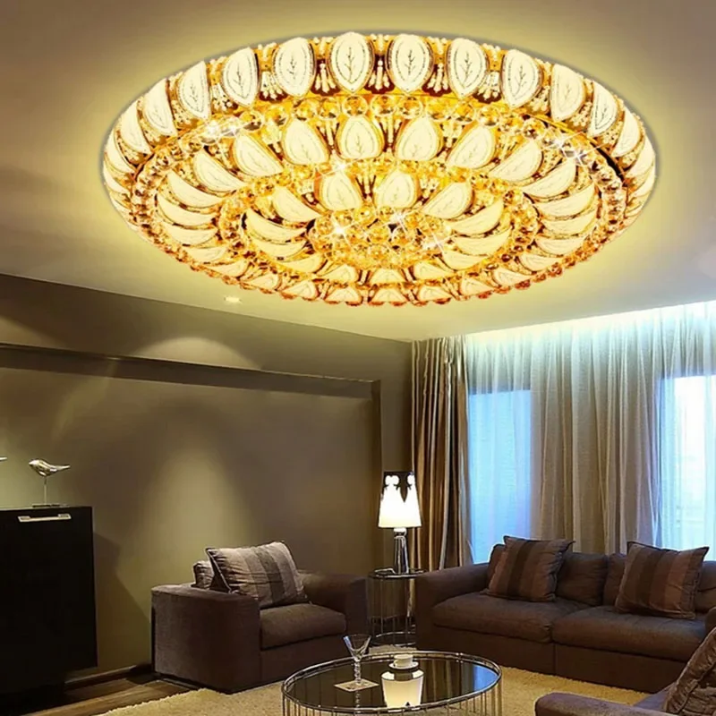 European luxury glossy crystal ceiling light remote control circular chrome ceiling light home decoration bedroom light 110-240V