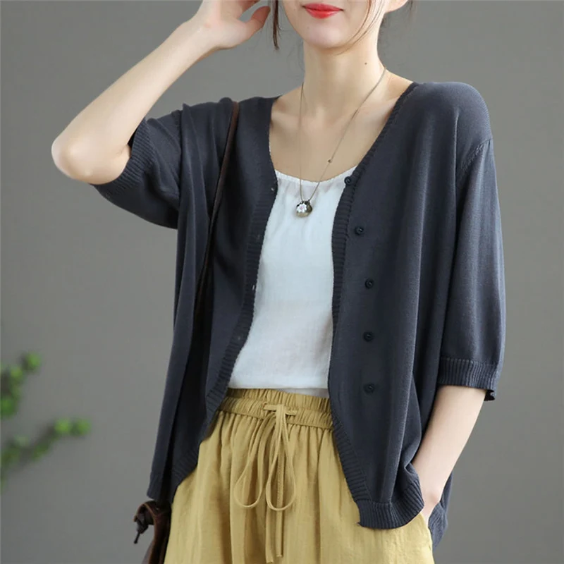 Spring Summer Vintage Simple Single Breasted V-neck Thin Knitted Sweater Cardigans Women Casual Solid Loose Half Sleeve Knitwear