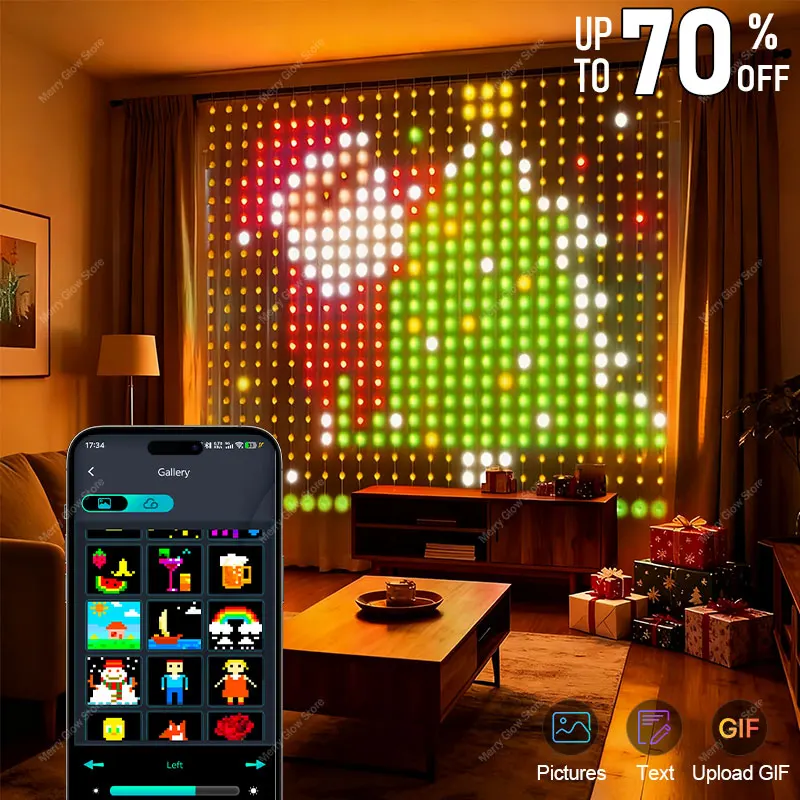 

Умный светодиодный светильник для штор, управление через приложение Bluetooth, RGB с регулируемой яркостью, DIY узор, синхронизация музыки для дома, праздника, вечеринки, украшения на Хэллоуин
