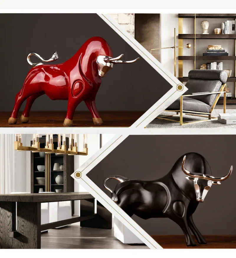 

Modern Figurines Red and Black Bull Sculpture Resin Simulation Animal Statue Living Room Bookcase Crafts Accessories Home Decor