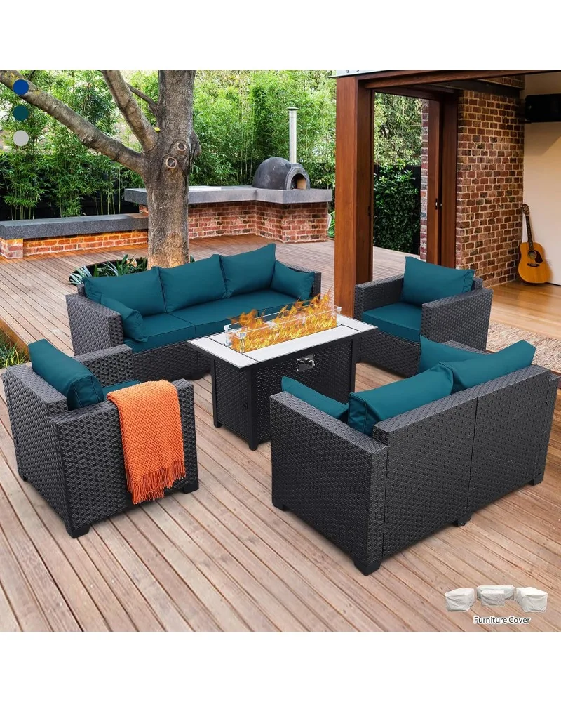 with Fire Pit Outdoor Furniture Sets Couch，Chairs Wicker Propane Fire Pit Table with No-Slip Cushions and Waterproof Covers