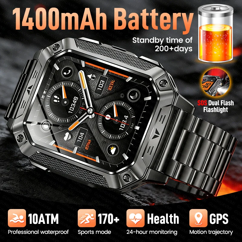 

New 1400mAh Battery Men Outdoor Smart Watch Built in GPS Flashlight 10ATM Waterproof Bluetooth Call 170+Sports Mode Smartwatch