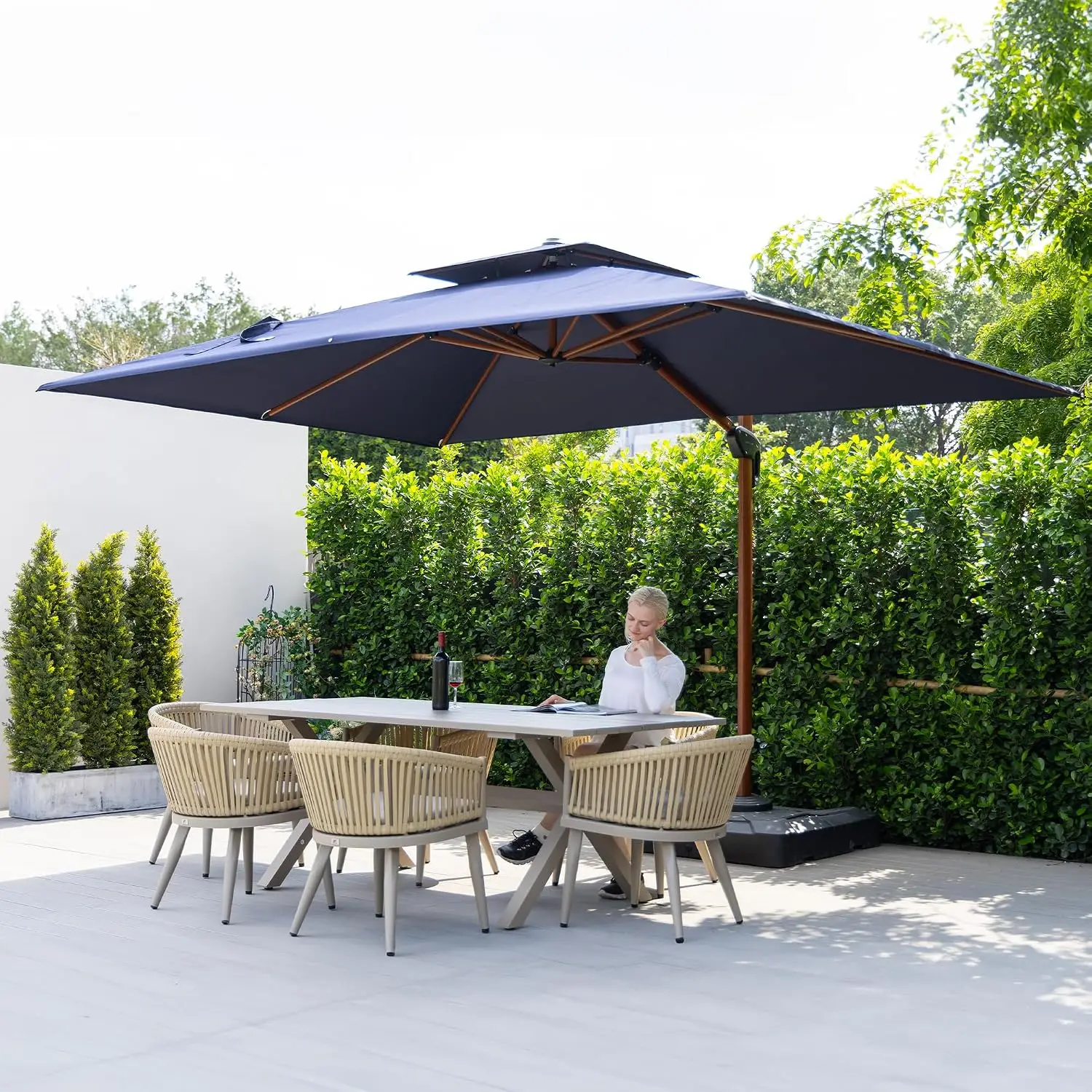 Cantilever Umbrella 9' X 12' Wood-Grain Finish, Navy Blue | Braced frame holds firm, 240GSM fade-resistant fabric,, Customized