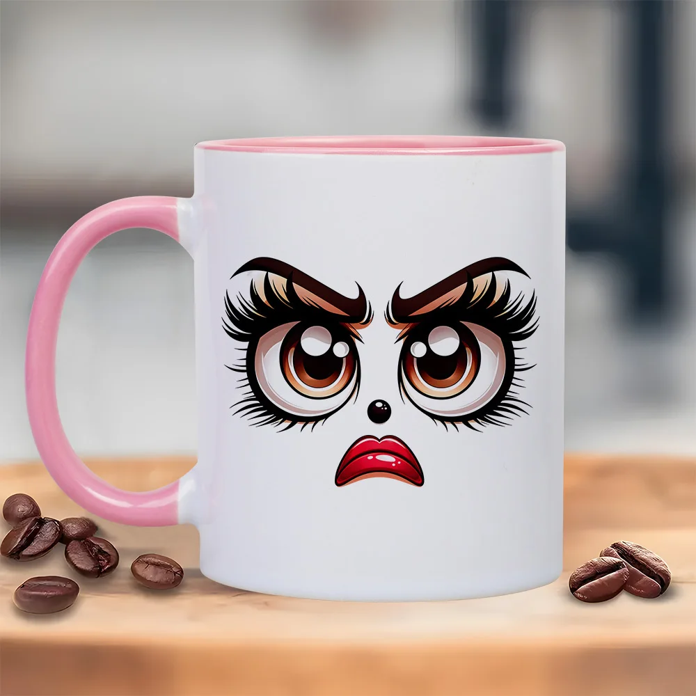 Halloween Gift Pouty Angry Cartoon Pattern 11oz Ceramic Mug Insulated Reusable Coffee Cup Funny Face Print for Women Girls Birth