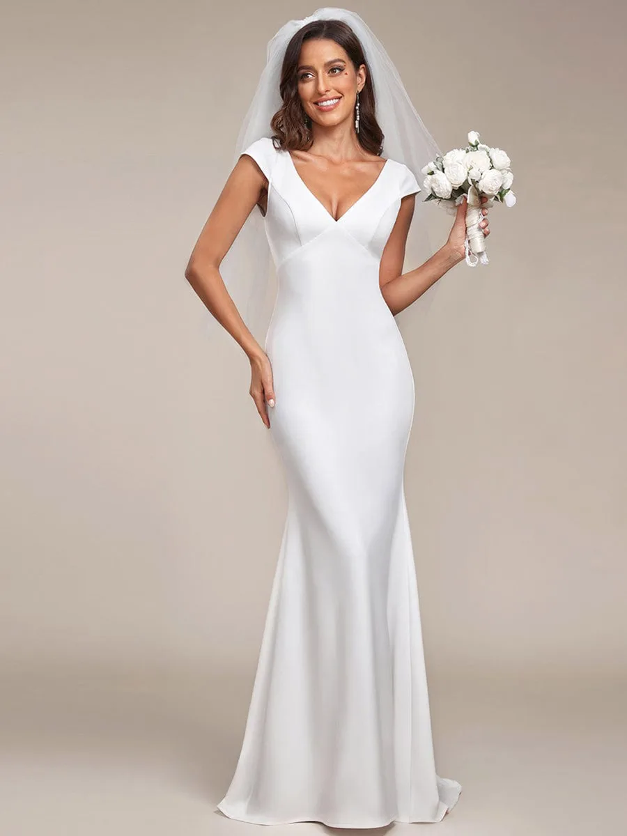 

Elegant Wedding Dresses Cap Sleeve Deep V-Neck Backless Ever Pretty 2025 of Mermaid A-line Fishtail White Dresses