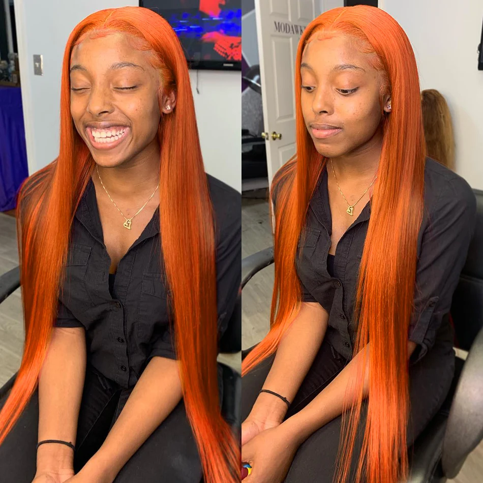 Perruque Lace Front Wig naturelle brésilienne Remy, cheveux lisses, orange, 4x4, 13x4, pour femmes africaines