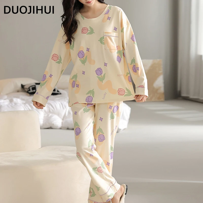 DUOJIHUI Solid Color Two Piece Simple Pajamas for Women O-neck Pullover Loose Pant Casual Basic Print Fashion Female Pajamas Set