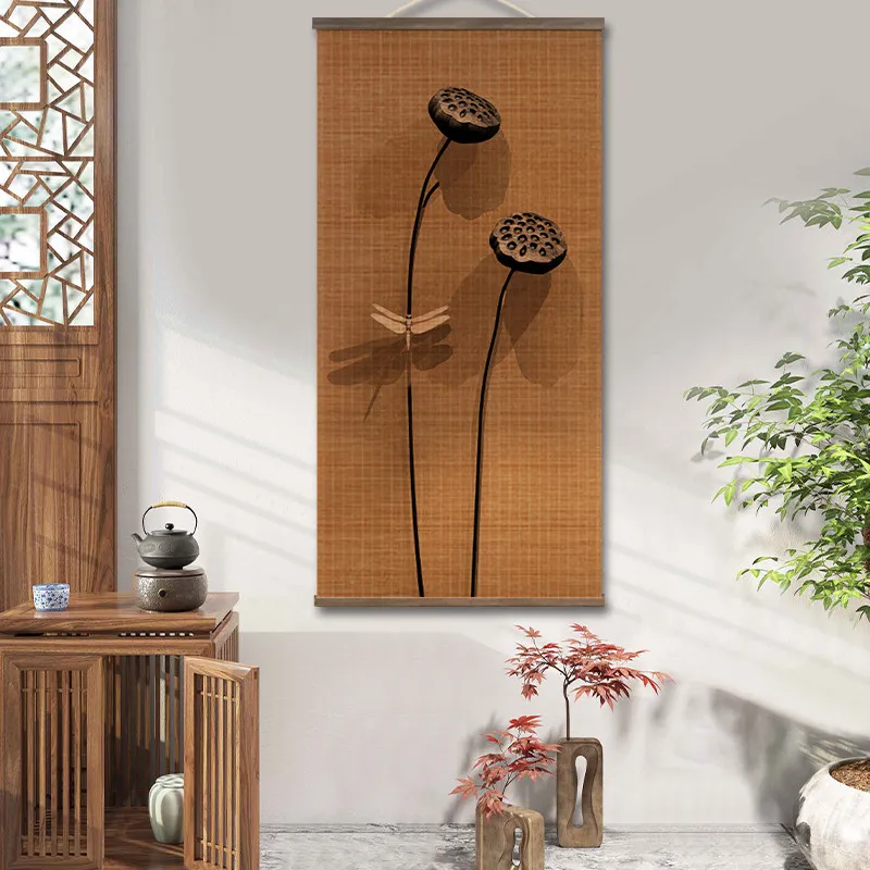 Wall Art Bamboo Curtain Scroll Hanging Lotus Pod Dragonfly Print, Wabi Sabi Zen for Tea Room Meditation room decor aesthetic