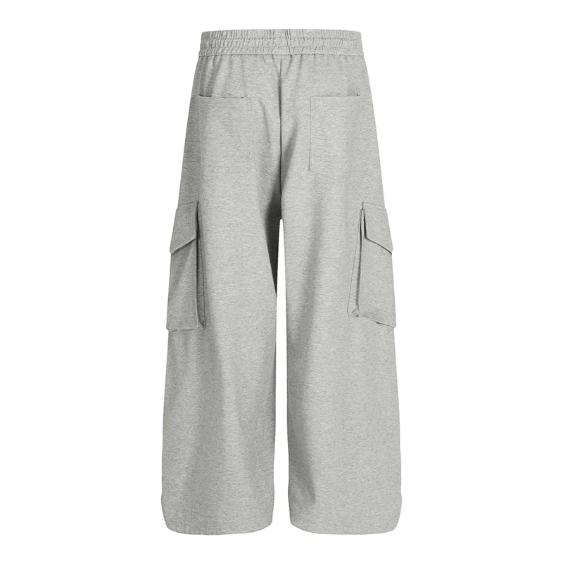 New Men Sweatpants Pleated Design American Style Multi Pockets Solid Color Elastic Waist Loose Drawstring Male Pants