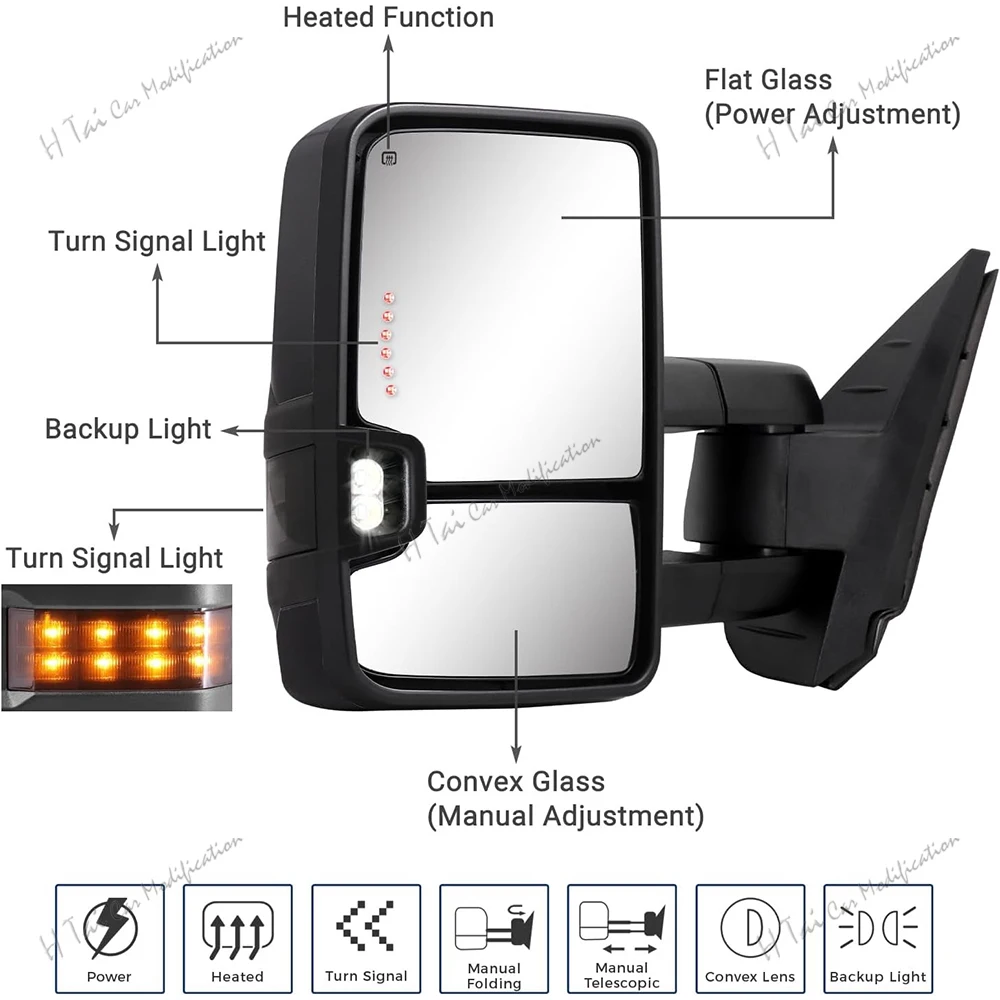 Towing Mirrors For 2014 2015 2016 2017 2018 Chevy Silverado GMC Sierra 1500 2500HD 3500HD Power Heating Signal Light Side Mirror