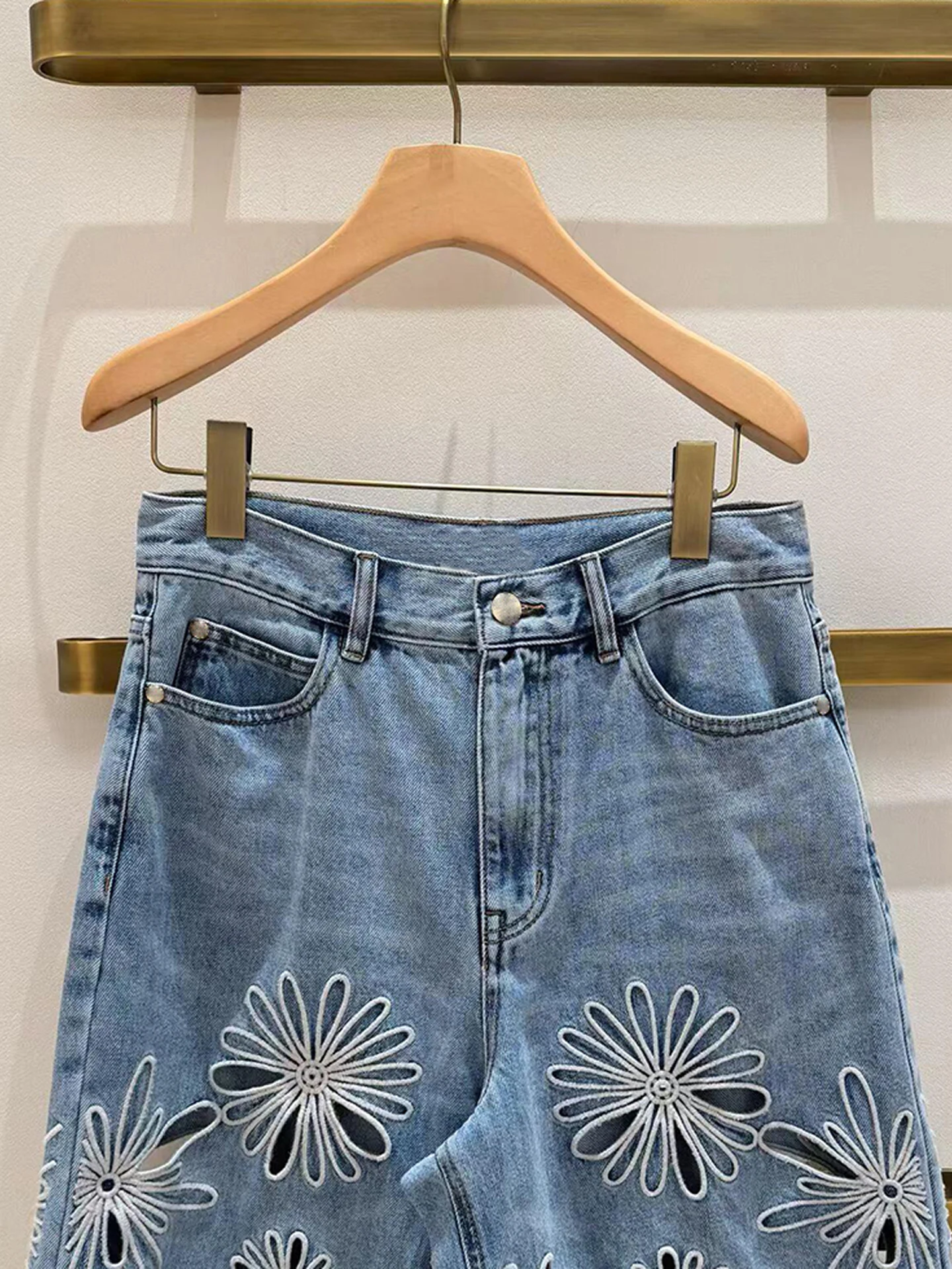Womens High Waist Denim Shorts Summer 2026 Embroidered Hollow Washed Outfit Casual Wide Leg Plant Floral Pattern Commute