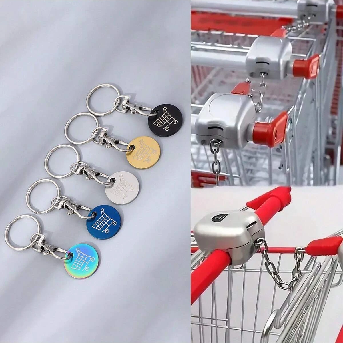 1/3/5 shopping cart tokens, supermarket metal stainless steel keychains, keyrings with locks (different supermarket shopping cart lock structures may vary, please compare the dimensions marked by our store before ordering to ensure compatibility and avoid size mismatch). ）