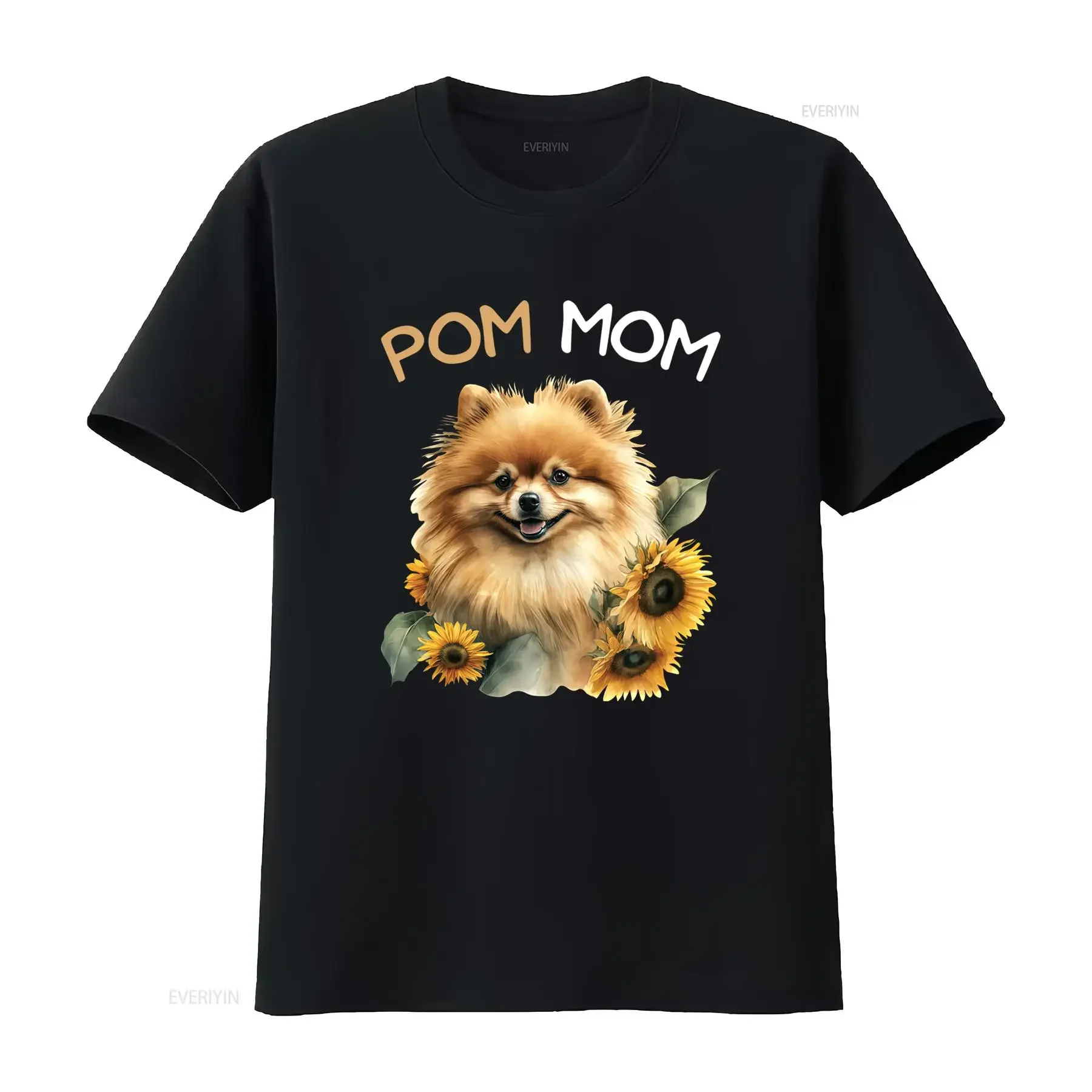 Cute Pom Mom Pomeranian Sunflower Print Casual Dog Lover T Shirt vintage Washed Top For Everyday Wear Slightly streetwear