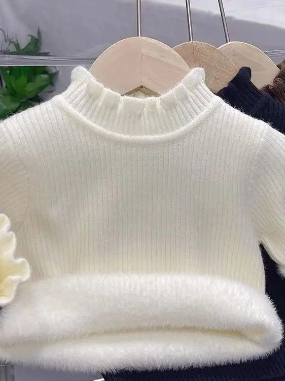 Suéter de Invierno para Niñas, ueso, de Forro Polar, Estilo Casual, Cuello Floral Cálido, Csa Base, Versión Coreana, Est...