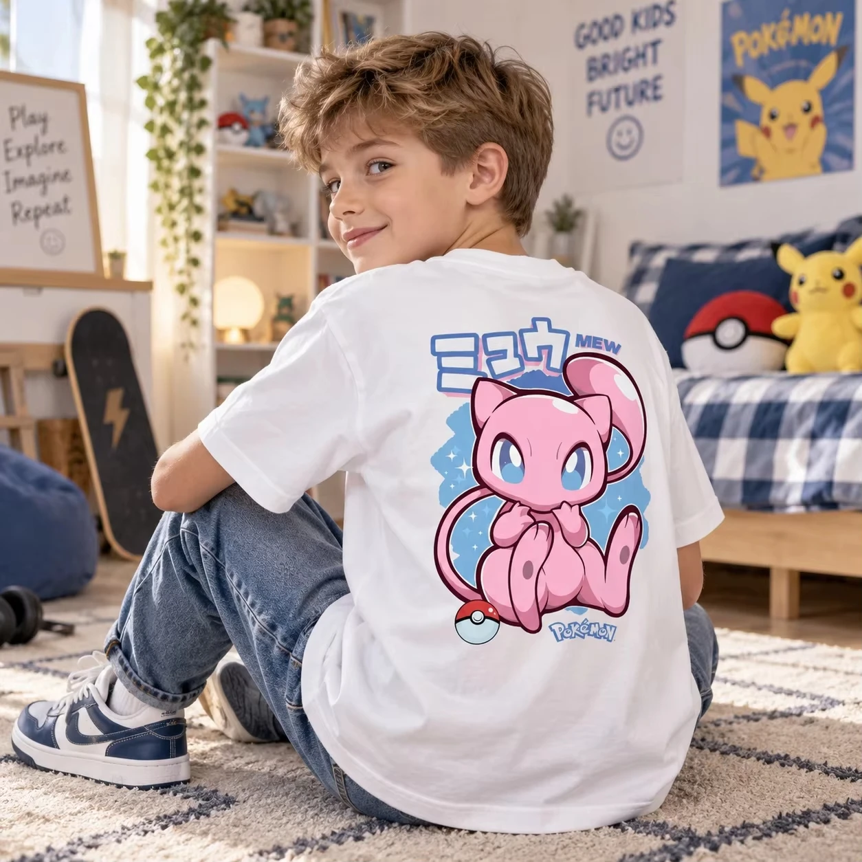 Cute Anime Mew Character Graphic Summer Short Sleeve T Shirt Unisex Adult Kids Casual Summer Leisure Clothing