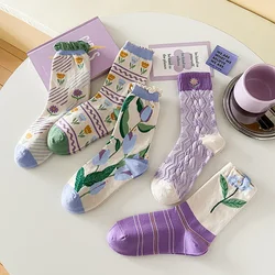 Floral Print Vintage Women Socks Korean Fashion Harajuku Retro Streetwear Purple Socks Women Girls Kawaii Cute Ruffle Socks Sox