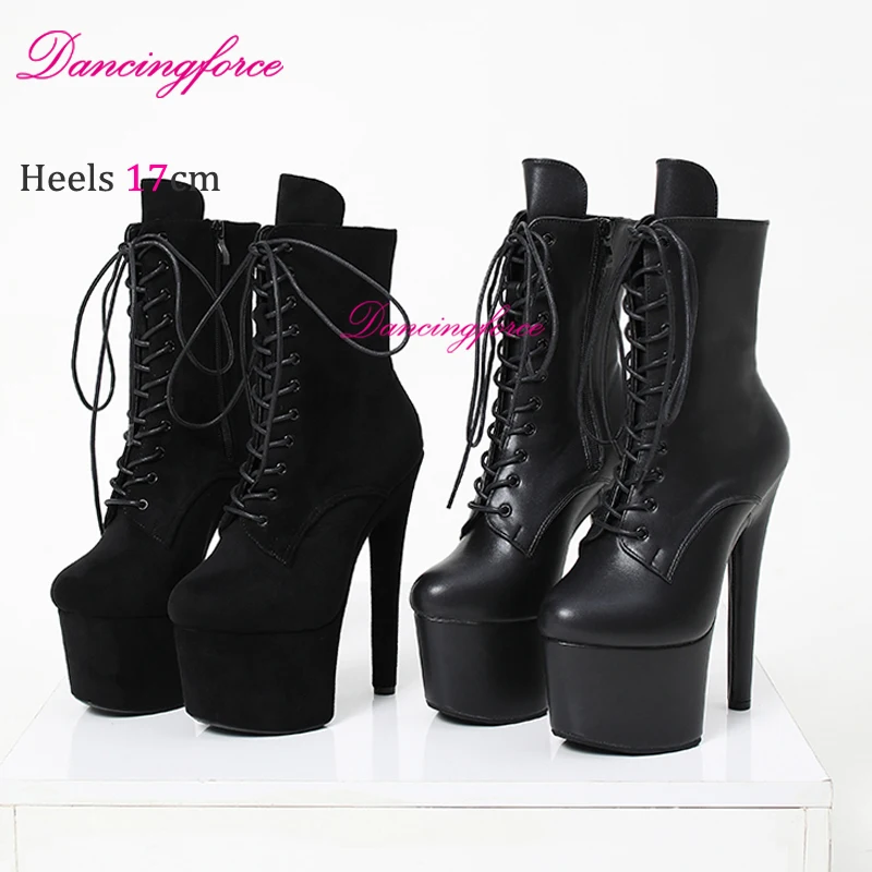 Black Matte Sexy Exotic 17cm 7Inches Pole Dance Shoes Women Suede Stripper High Heels Platform Ankle Boots Round Head Lace-up