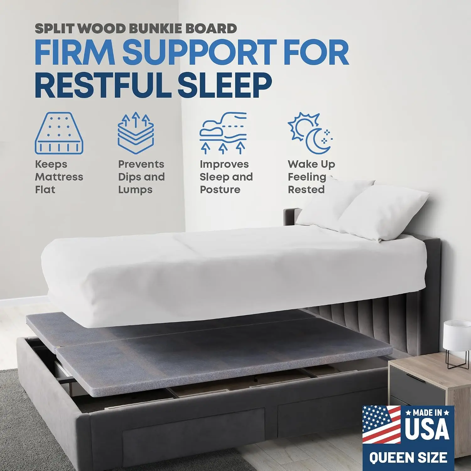 Premium Queen Size Bed Bunkie Board, 38mm Split Wood, 2-Piece Under-Mattress Support Board, Fully Assembled, with Fabric Ventilation Cover, Replaces Box Spring or Wooden Slats for Bed Frames
