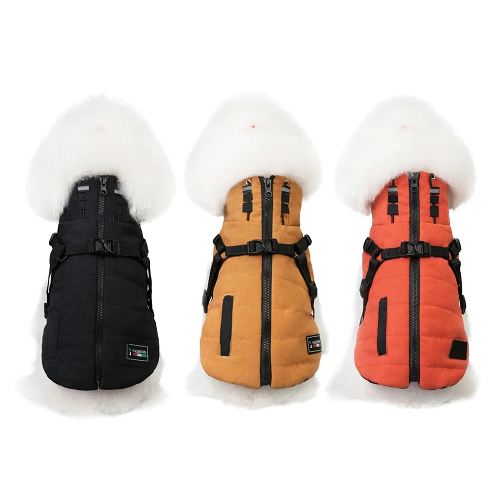 2 in 1 Pet Autumn Winter Skiing Costume Sleeveless Padded Vest Plus Velvet Thickened Reflective with Durable Chest Strap Harness