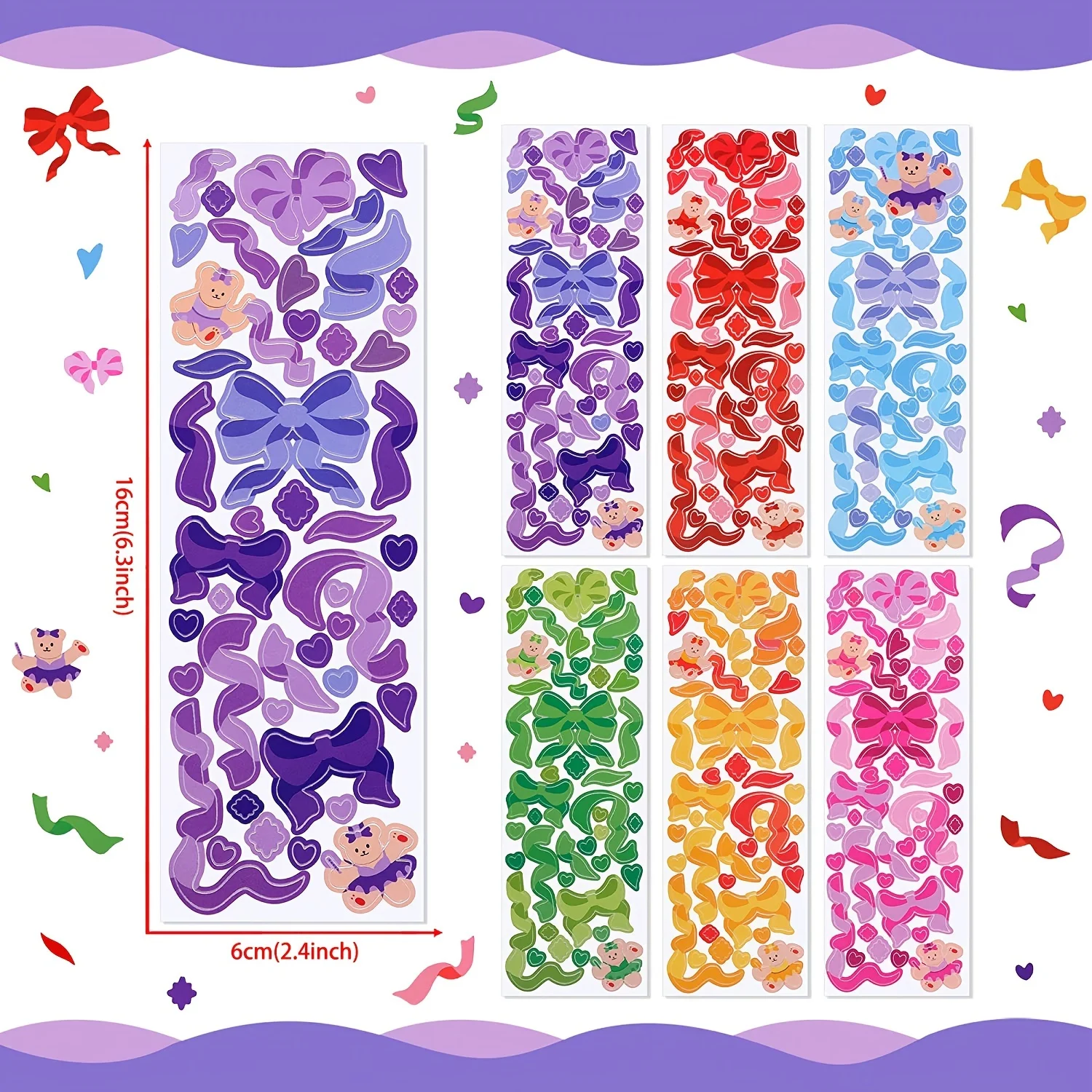 MOHAMM 1pc Bling Colorful Bow Ribbon Decorative Stickers Waterproof for Scrapbooking DIY Craft Notebook Journal Album Calendars