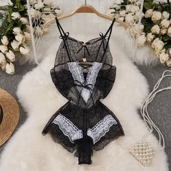 Sexy Sweet Transparent Lace Strap Jumpsuit Bow Flower Patchwork Hollowed Out Bodysuit Women's Backless Erotic Lingerie Nightwear